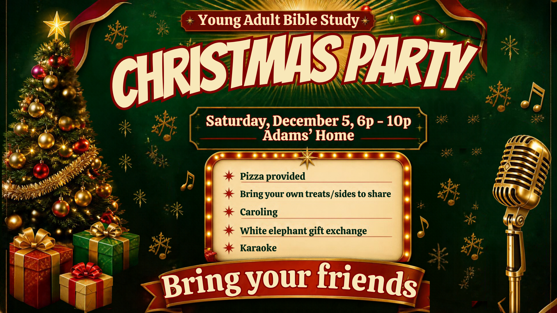 Young adult Bible study Christmas party flyer (1920 x 1080 px)